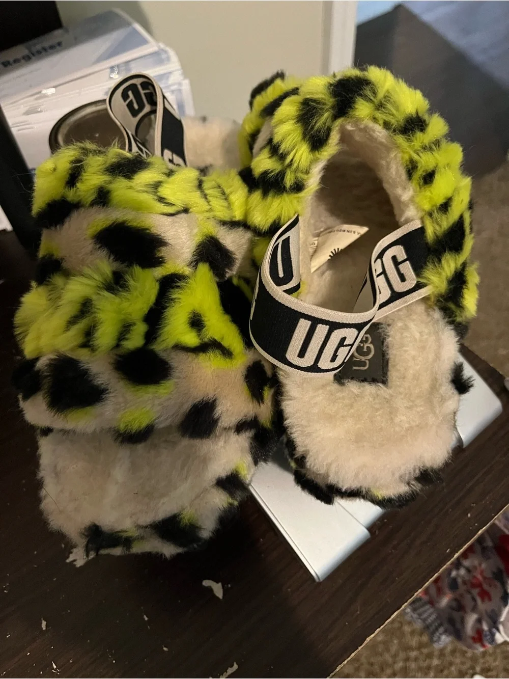 UGG Kids Neon Yellow & Black Fuzzy Shearling Slip-On Slippers